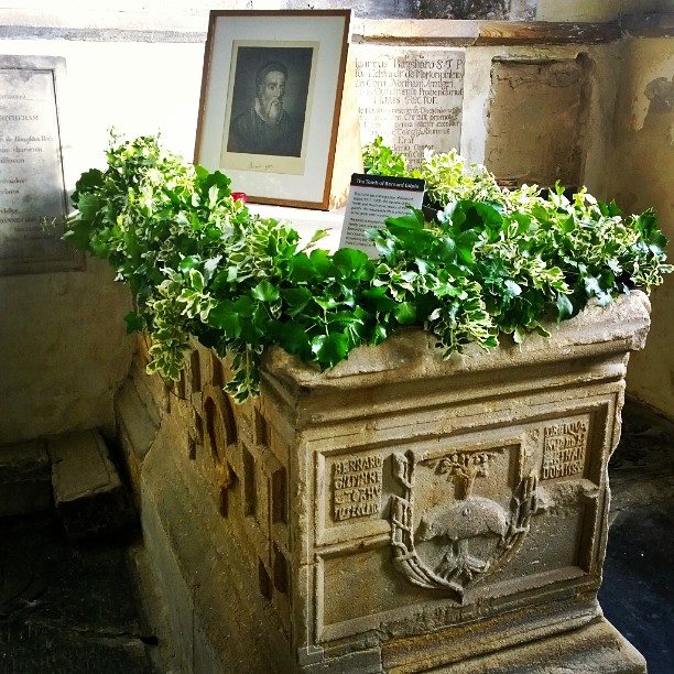 The tomb of Bernard Gilpin decorated with greenery for his feast day.